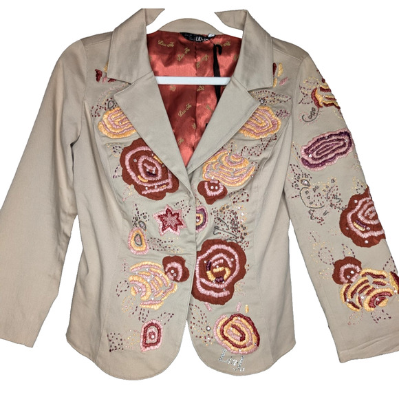 Liu Jo Y2K Boho Floral Embroidered Beaded Sequin Artsy Whimsical Khaki Jacket 10 - Picture 2 of 9